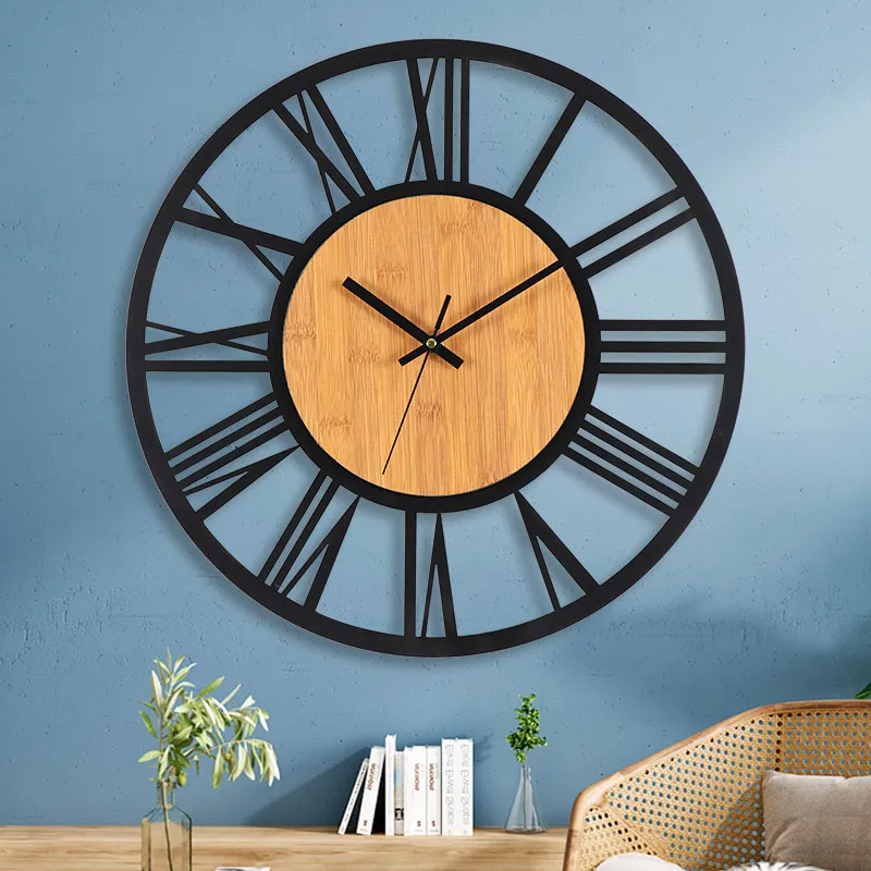 3D Large Wall Clock Nordic Roman Numerals Retro Round Wood Metal Iron Silent Hanging Clock Ornament Living Room Home Decoration