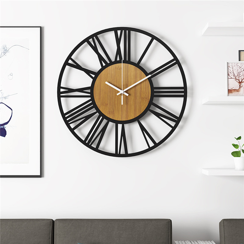 3D Large Wall Clock Nordic Roman Numerals Retro Round Wood Metal Iron Silent Hanging Clock Ornament Living Room Home Decoration