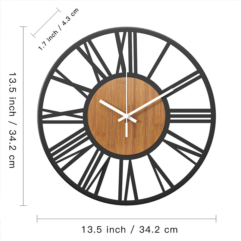 3D Large Wall Clock Nordic Roman Numerals Retro Round Wood Metal Iron Silent Hanging Clock Ornament Living Room Home Decoration