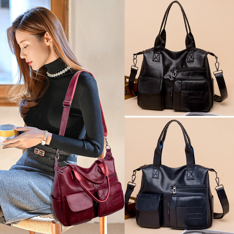 High Quality Women Shoulder Bag PU Leather Crossbody Messenger Bag Multi-pockets Travel Tote Bag Vintage Soft Handbag