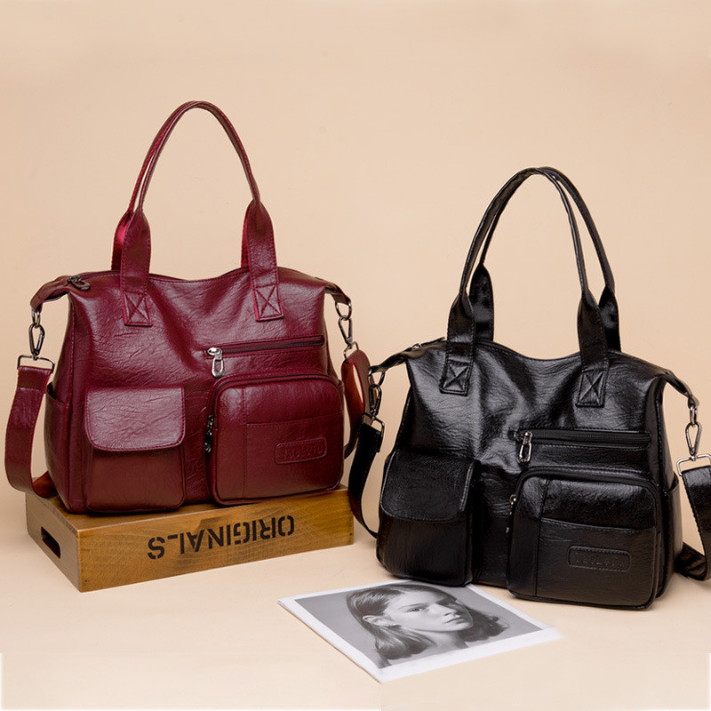 High Quality Women Shoulder Bag PU Leather Crossbody Messenger Bag Multi-pockets Travel Tote Bag Vintage Soft Handbag