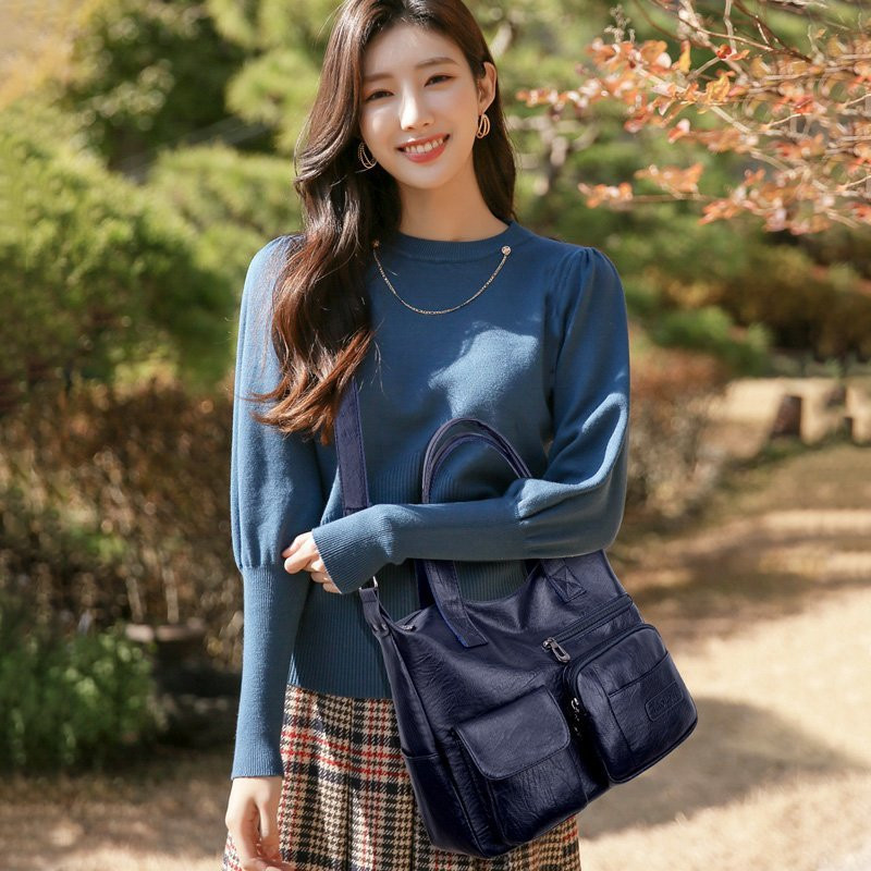 High Quality Women Shoulder Bag PU Leather Crossbody Messenger Bag Multi-pockets Travel Tote Bag Vintage Soft Handbag