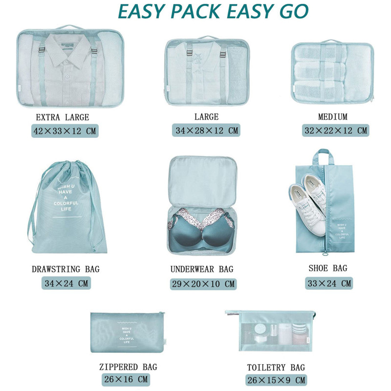 8pcs/set Travel Organizer Storage Bag Suitcase Packing Set Clothes Packing Cube Bag Portable Luggage Organizer Clothe Shoe Pouch