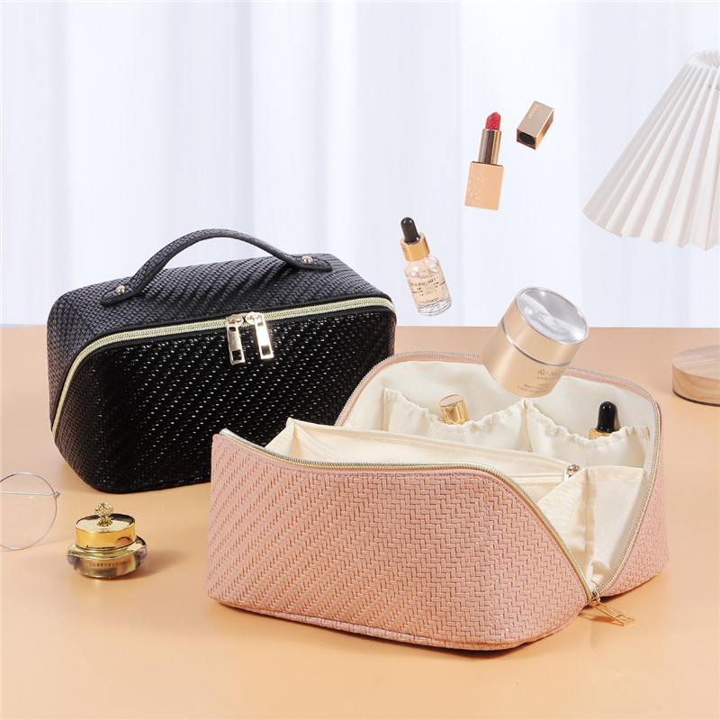 Waterproof PU Leather Braided Embossed Makeup Bag Outdoor Portable Toiletry Bag Large Capacity Business Travel Cosmetic Bag