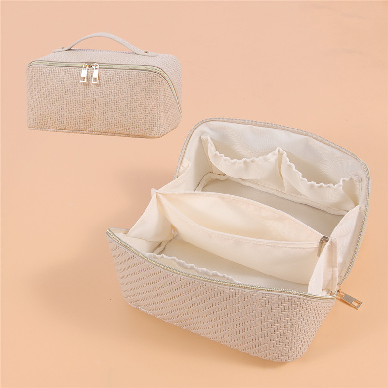 Waterproof PU Leather Braided Embossed Makeup Bag Outdoor Portable Toiletry Bag Large Capacity Business Travel Cosmetic Bag