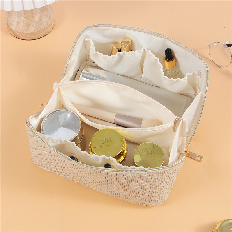 Waterproof PU Leather Braided Embossed Makeup Bag Outdoor Portable Toiletry Bag Large Capacity Business Travel Cosmetic Bag