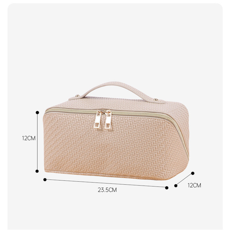 Waterproof PU Leather Braided Embossed Makeup Bag Outdoor Portable Toiletry Bag Large Capacity Business Travel Cosmetic Bag
