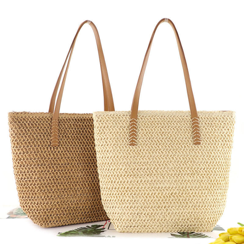 Women Straw Woven Shoulder Bag Solid Color Summer Beach Woven Pouch Women Handmade Bohemian Tote Bag Travel Handbag Underarm Bag