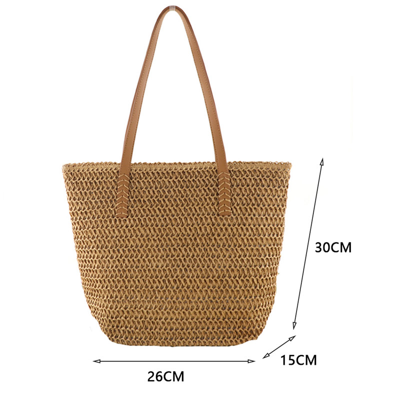 Women Straw Woven Shoulder Bag Solid Color Summer Beach Woven Pouch Women Handmade Bohemian Tote Bag Travel Handbag Underarm Bag