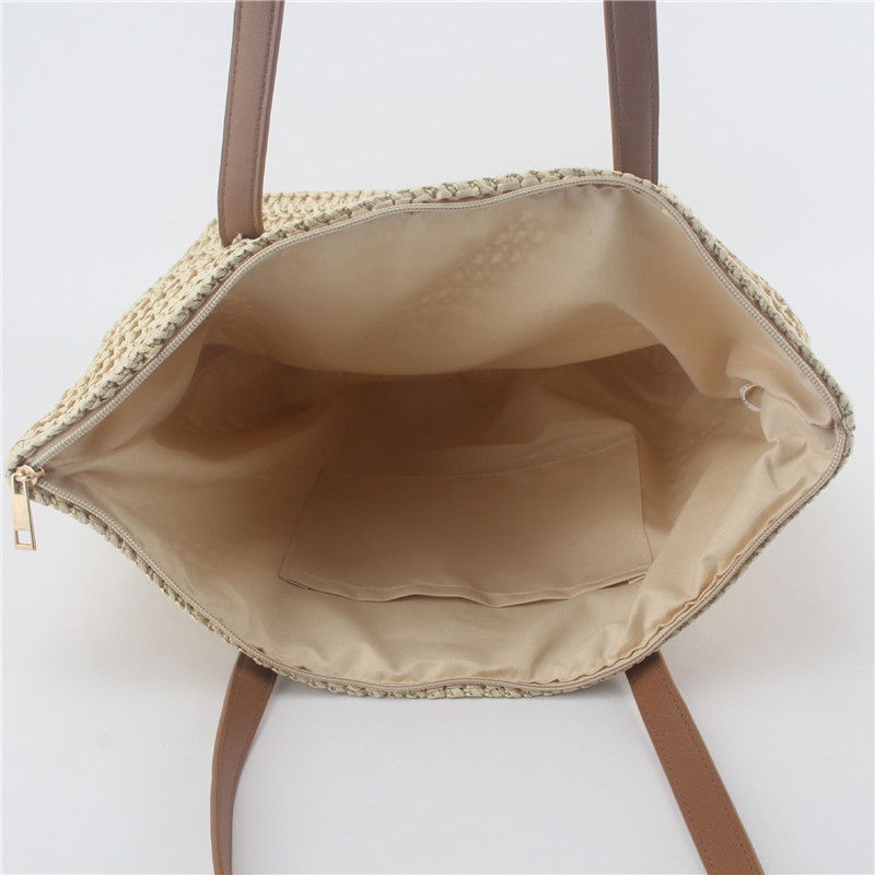 Women Straw Woven Shoulder Bag Solid Color Summer Beach Woven Pouch Women Handmade Bohemian Tote Bag Travel Handbag Underarm Bag