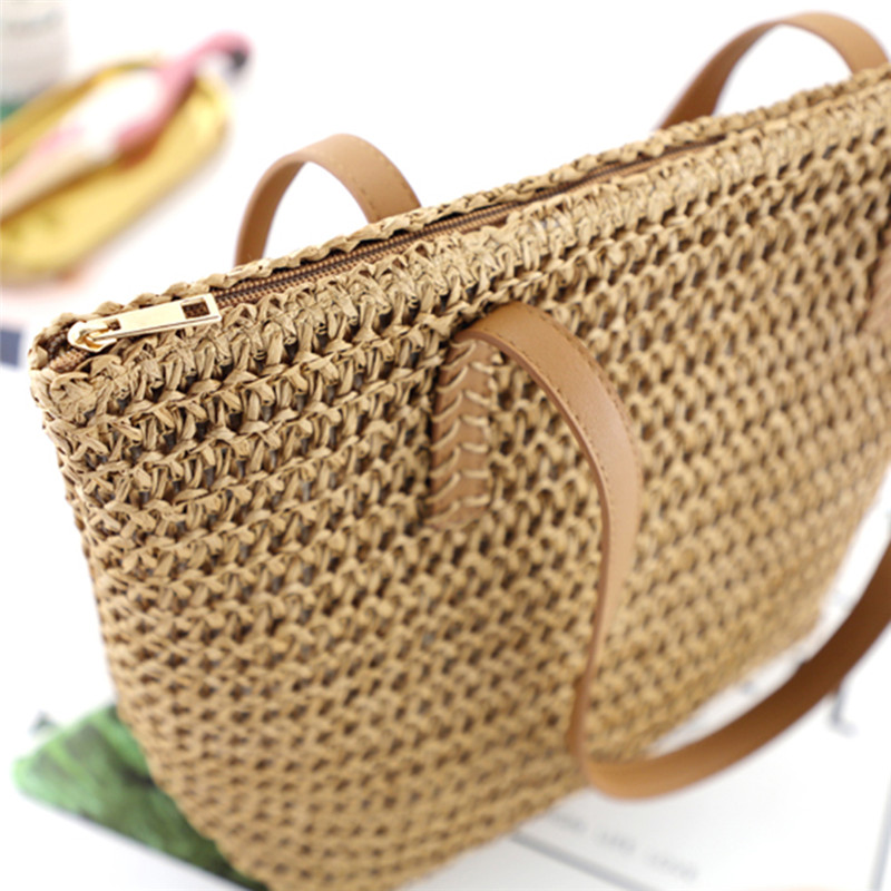 Women Straw Woven Shoulder Bag Solid Color Summer Beach Woven Pouch Women Handmade Bohemian Tote Bag Travel Handbag Underarm Bag