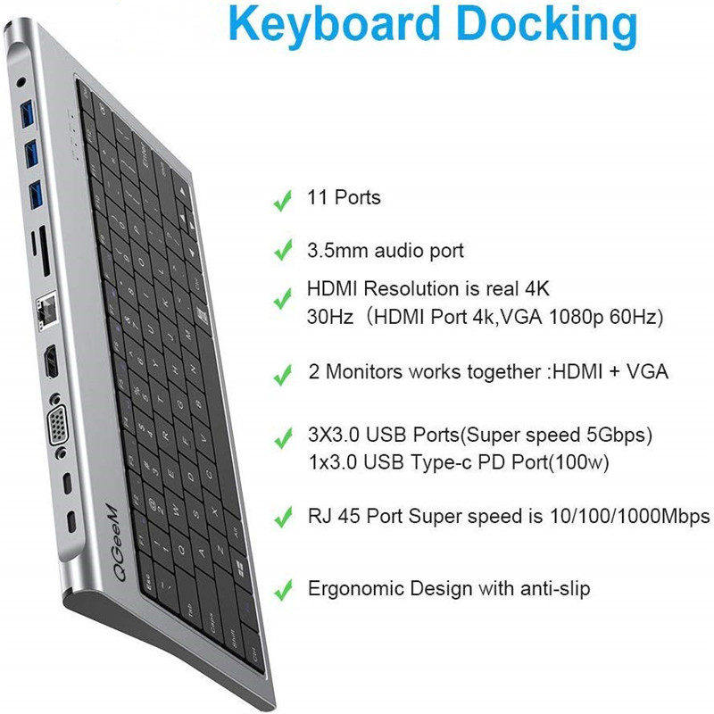 USB C Docking Station with Keyboard with 4K HDMI RJ45 100W PD VGA Card Reader Compatible MacBook Pro iPad 11 in 1 Keyboard HUB