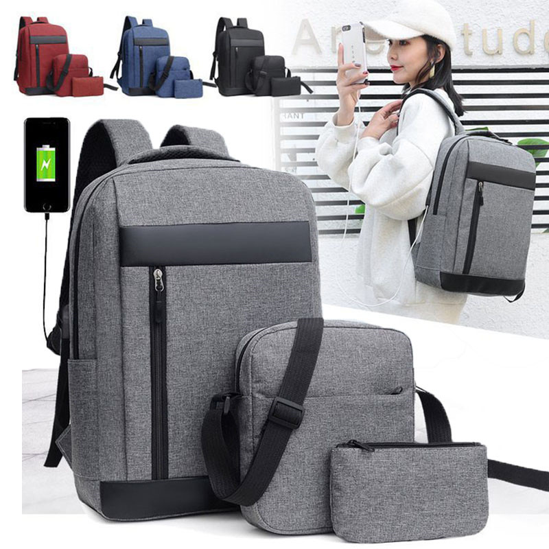 3pcs/set Fashion Men Business Laptop Backpack USB Charging Shoulder Bag Waterproof Travel Rucksack Student Schoolbag