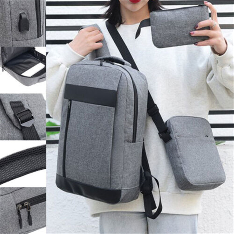 3pcs/set Fashion Men Business Laptop Backpack USB Charging Shoulder Bag Waterproof Travel Rucksack Student Schoolbag