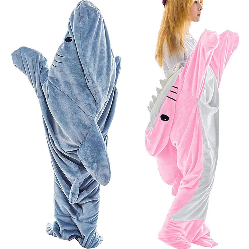 Cartoon Shark Pajamas Funny Homewear Playsuit Hooded Warm Flannel Blanket Adult Pajamas Homesuit Sleeping Bag For Party Gifts