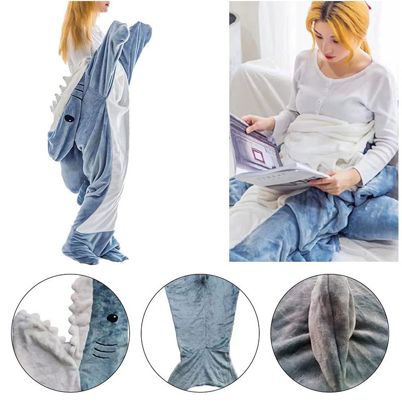 Cartoon Shark Pajamas Funny Homewear Playsuit Hooded Warm Flannel Blanket Adult Pajamas Homesuit Sleeping Bag For Party Gifts