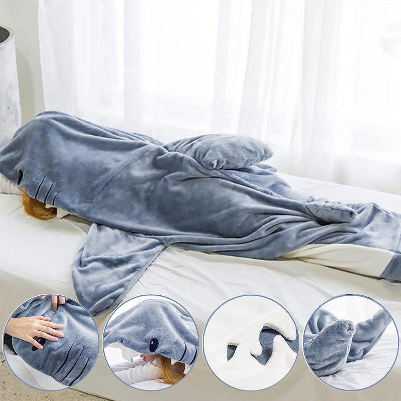 Cartoon Shark Pajamas Funny Homewear Playsuit Hooded Warm Flannel Blanket Adult Pajamas Homesuit Sleeping Bag For Party Gifts