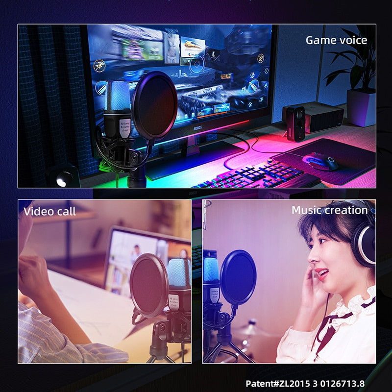 USB Microphone RGB Microfone Condensador Wire Gaming Mic for Podcast Recording Studio Streaming Laptop Computer Desktop PC