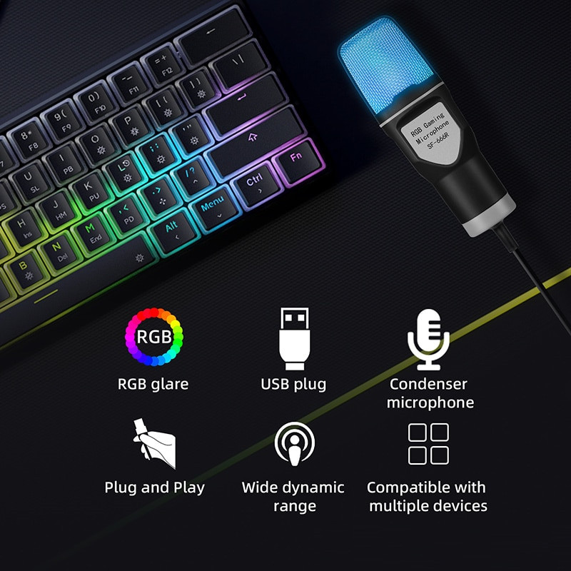 USB Microphone RGB Microfone Condensador Wire Gaming Mic for Podcast Recording Studio Streaming Laptop Computer Desktop PC