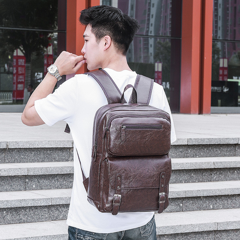 Large Capacity Laptop Backpack Men Casual Fashion Bags For Men Retro Zipper PU Leather Backpacks Male Travel Waterproof Bag