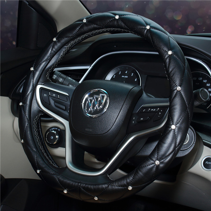 Universal 38cm Leather Rhinestones Car Steering Wheel Cover Bling Crystal Car Steering Wheel Protector Auto Accessories