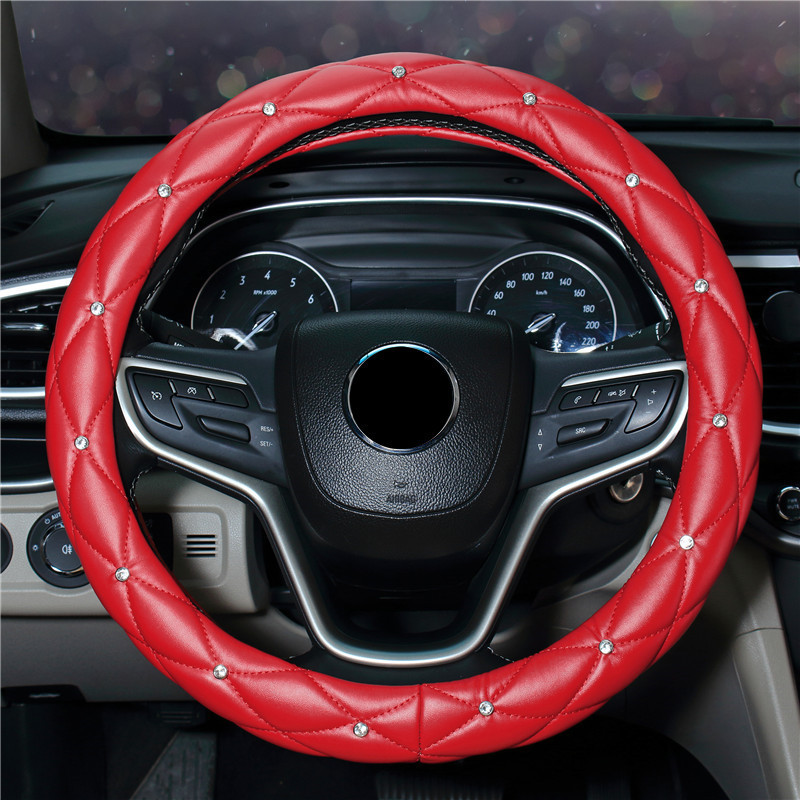 Universal 38cm Leather Rhinestones Car Steering Wheel Cover Bling Crystal Car Steering Wheel Protector Auto Accessories