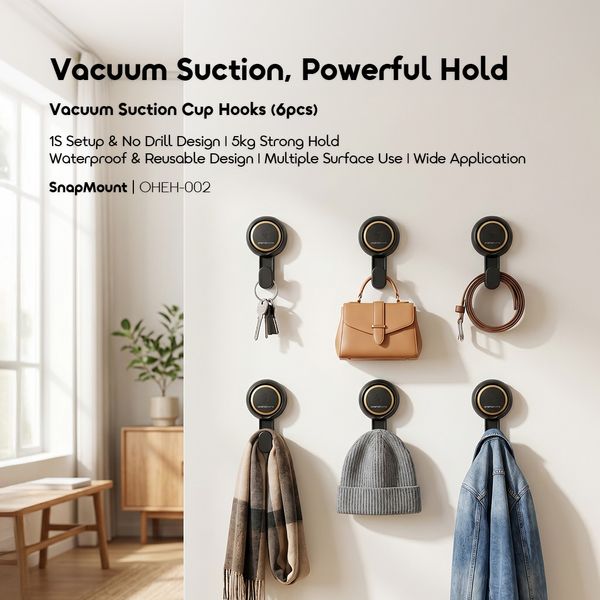Oraimo SnapMount Easy Install Heavy-Duty Vacuum Suction Cup Hooks (6pcs)