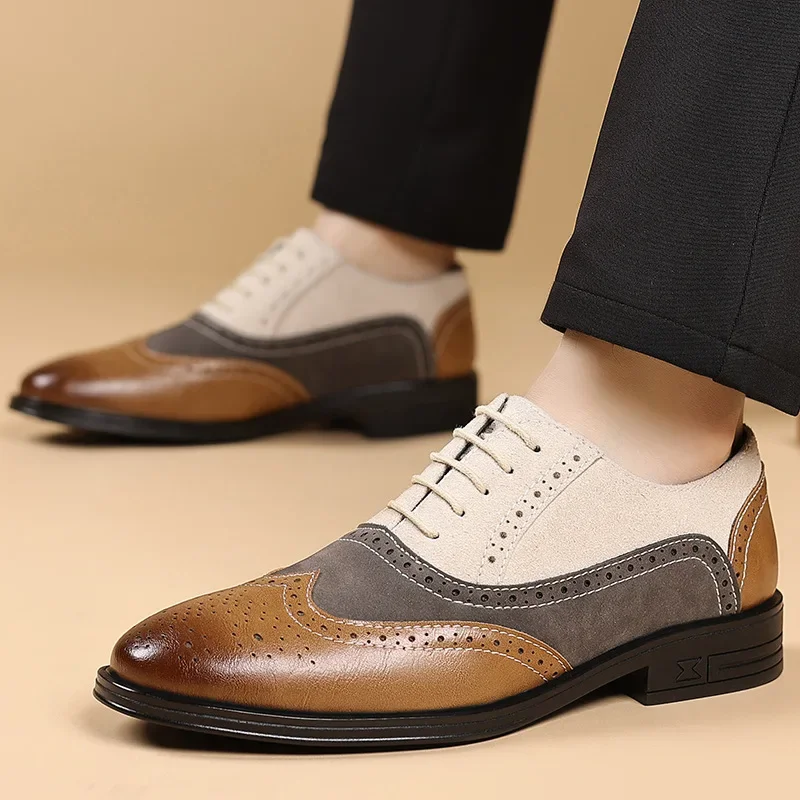 Men's Formal Casual Shoes Breathable Brogue Carving Design Business Leisure Leather Shoes British Style Color Block New Model