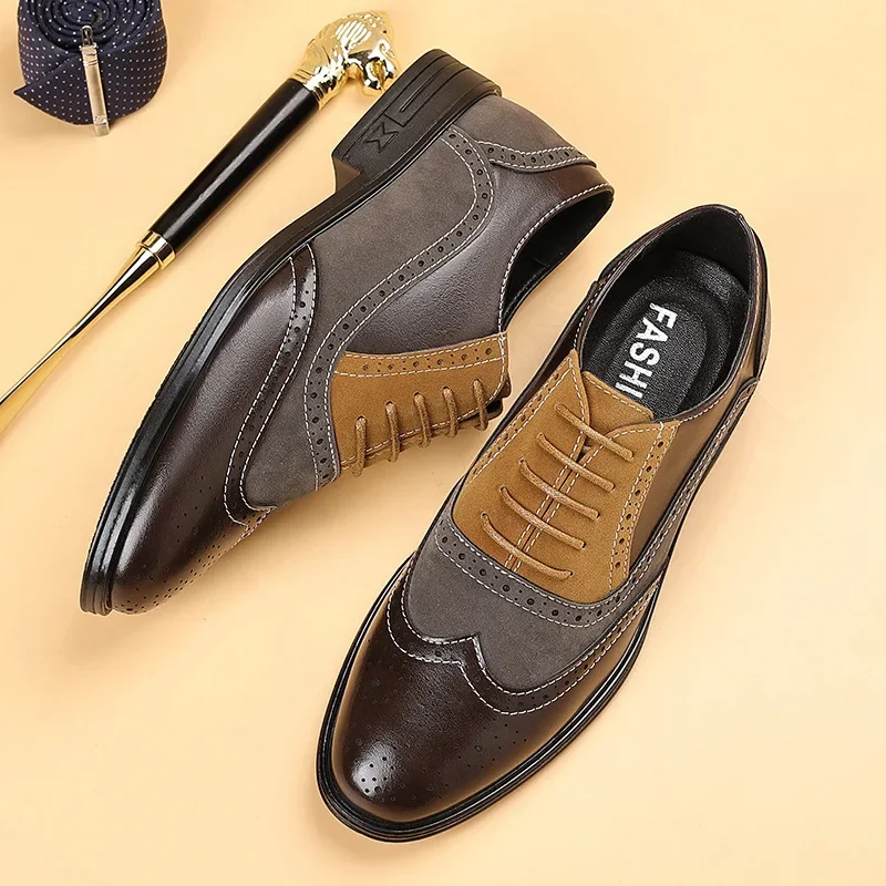 Men's Formal Casual Shoes Breathable Brogue Carving Design Business Leisure Leather Shoes British Style Color Block New Model