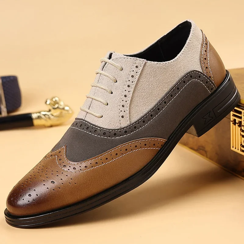 Men's Formal Casual Shoes Breathable Brogue Carving Design Business Leisure Leather Shoes British Style Color Block New Model