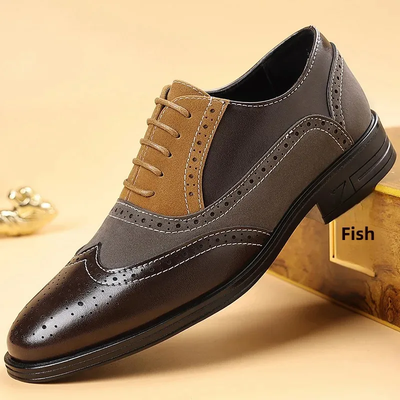 Men's Formal Casual Shoes Breathable Brogue Carving Design Business Leisure Leather Shoes British Style Color Block New Model
