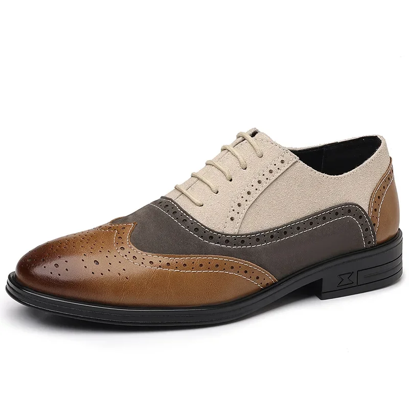 Men's Formal Casual Shoes Breathable Brogue Carving Design Business Leisure Leather Shoes British Style Color Block New Model