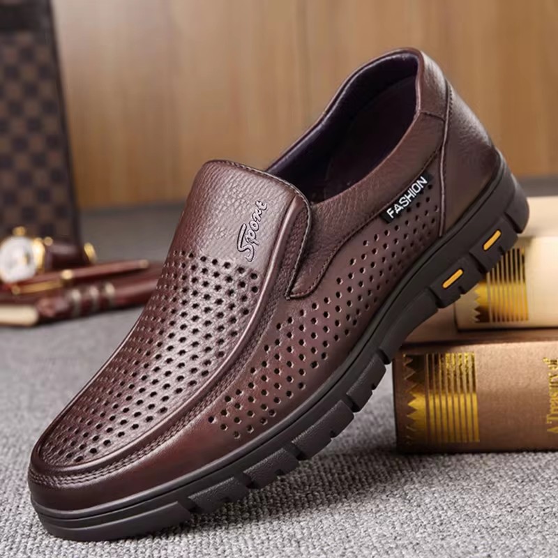 Men's Slip-On Shoes Summer Hollow out Breathable Comfortable Soft Bottom Anti-Slip Leather Shoes