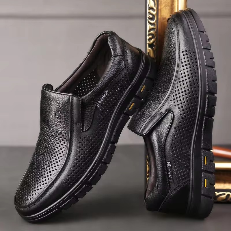 Men's Slip-On Shoes Summer Hollow out Breathable Comfortable Soft Bottom Anti-Slip Leather Shoes