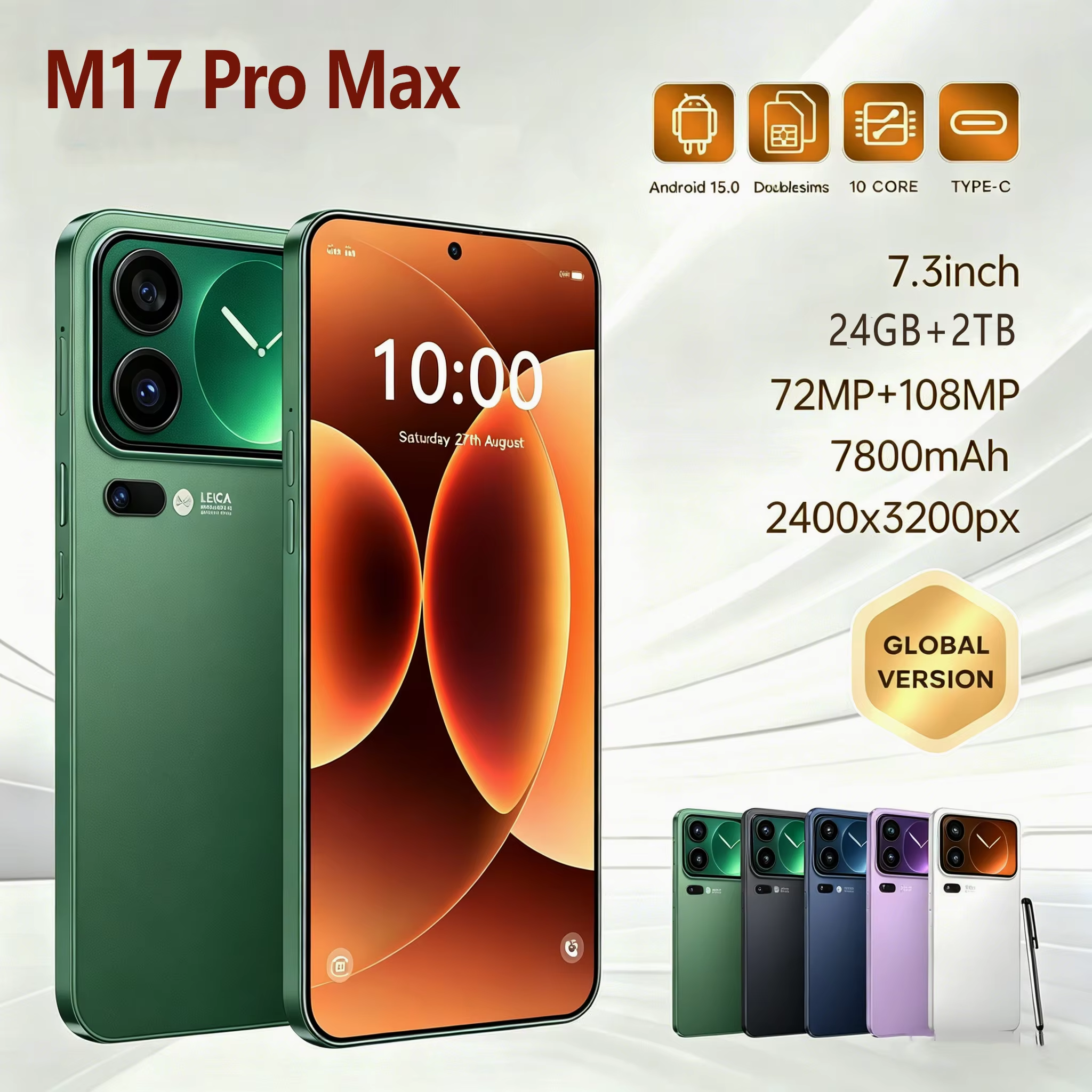 2026 NEW M17 Pro Max 7.3"Android 15 7800mAh Battery 108MP Camera Facial Recognition Function High Quality