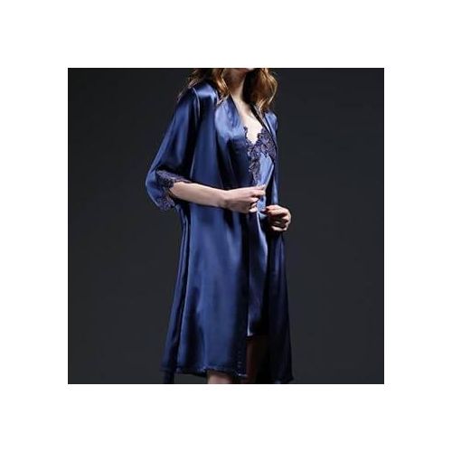 2 Piece Satin Bridal Robe Woman Nightgown Pyjamas - Royal Blue