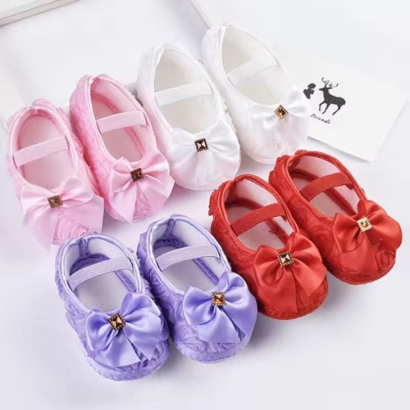 0-18M Baby Girls Shoes Cloth Baby Shoes Pink Gray White Purple Newborn Crib Shoes Bow Anti-Slip Toddler Prewalkers