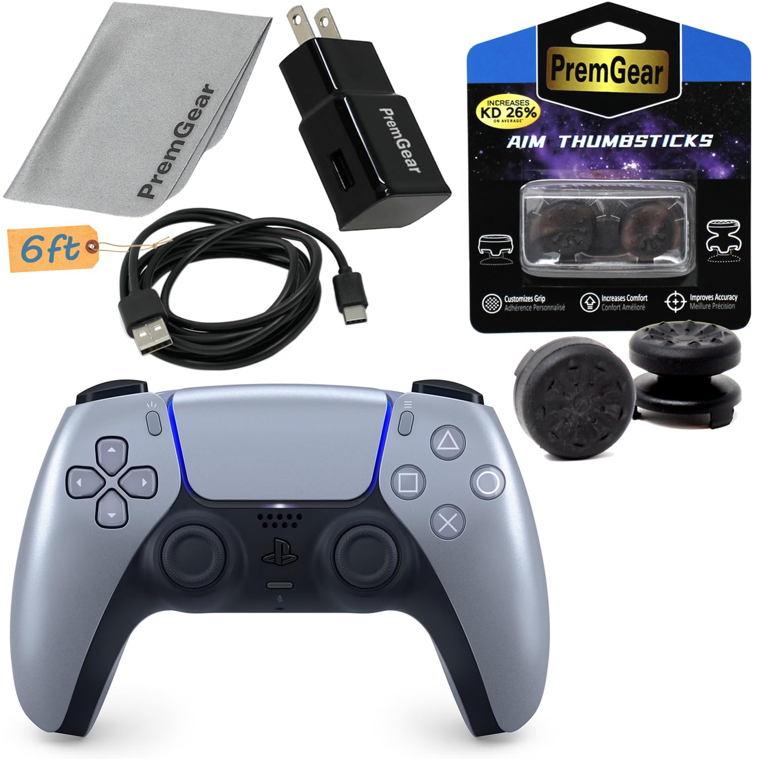 PremGear DualSense Wireless Controller (Sterling Silver) Compatible with PlayStation 5 (PS5) Bundled ThumbSticks (2 pack: 1 High-Rise, 1 Mid-Rise), 6f