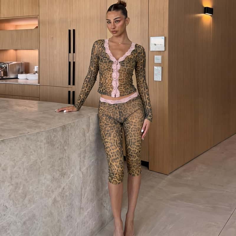 Leopard Print Sexy Pants Two Pieces Sets Women Deep V Neck Long Sleeve Patchwork Top And Pants Matching Sets Summer