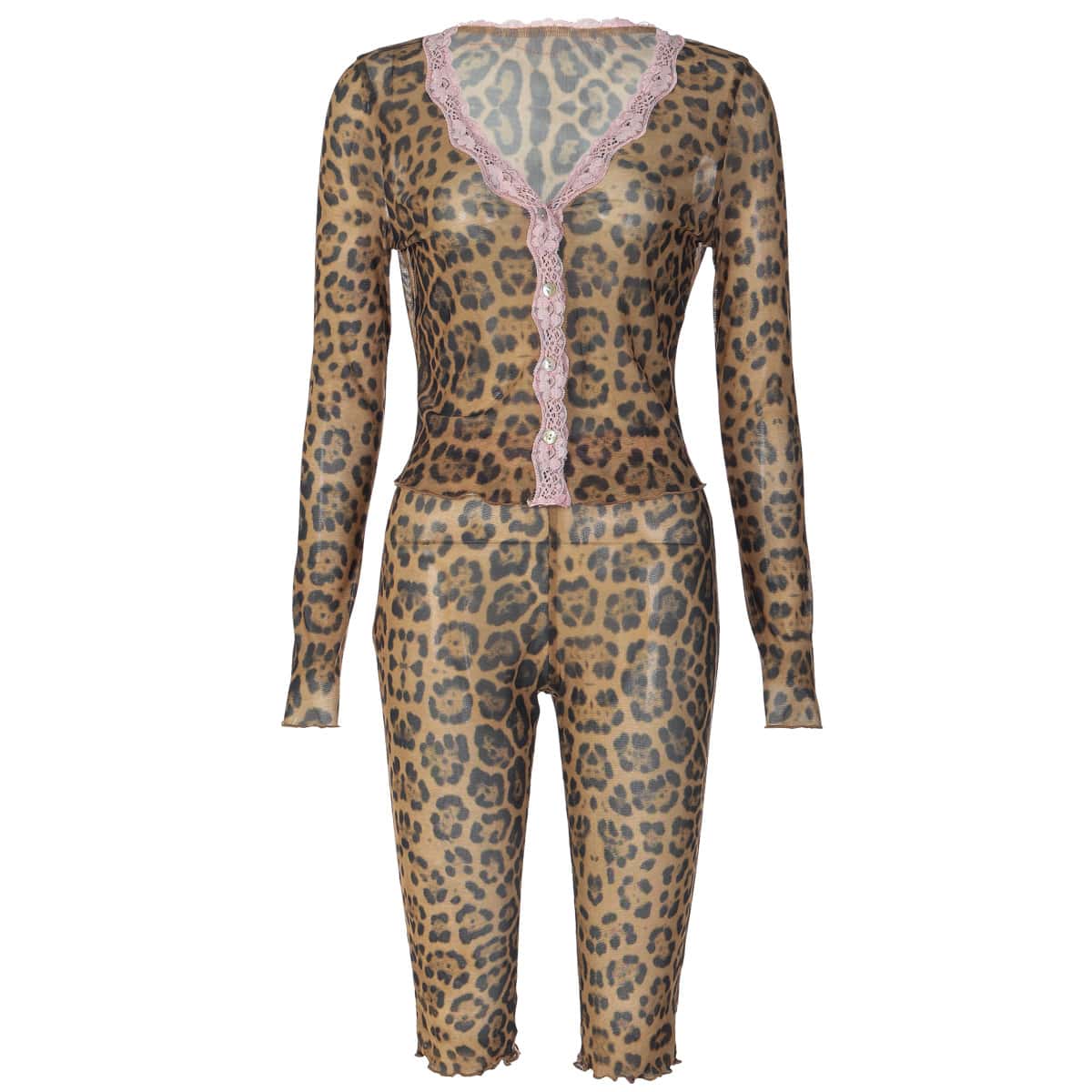 Leopard Print Sexy Pants Two Pieces Sets Women Deep V Neck Long Sleeve Patchwork Top And Pants Matching Sets Summer