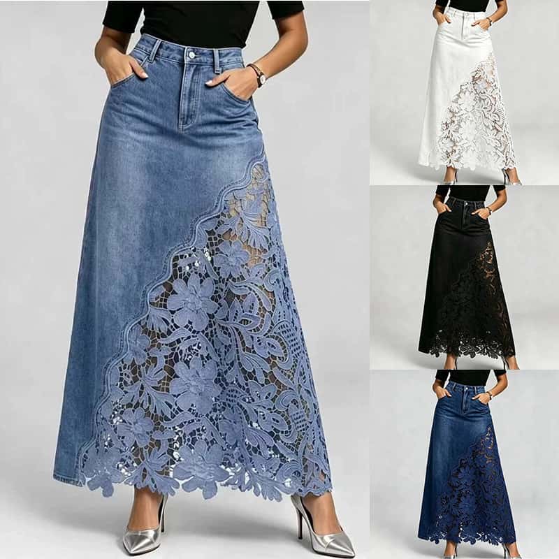 explosive denim skirt with washed denim lace splicing long design hip and half body wrapped