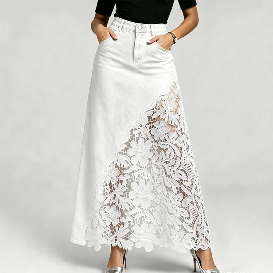 explosive denim skirt with washed denim lace splicing long design hip and half body wrapped