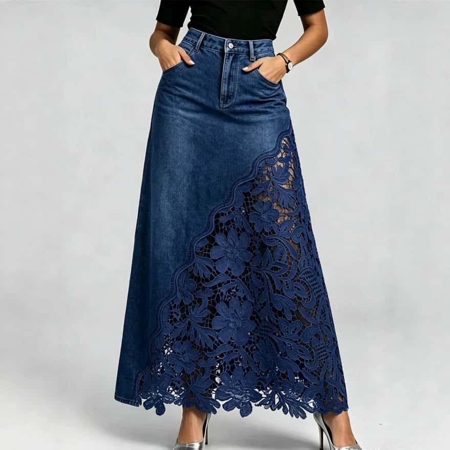 explosive denim skirt with washed denim lace splicing long design hip and half body wrapped