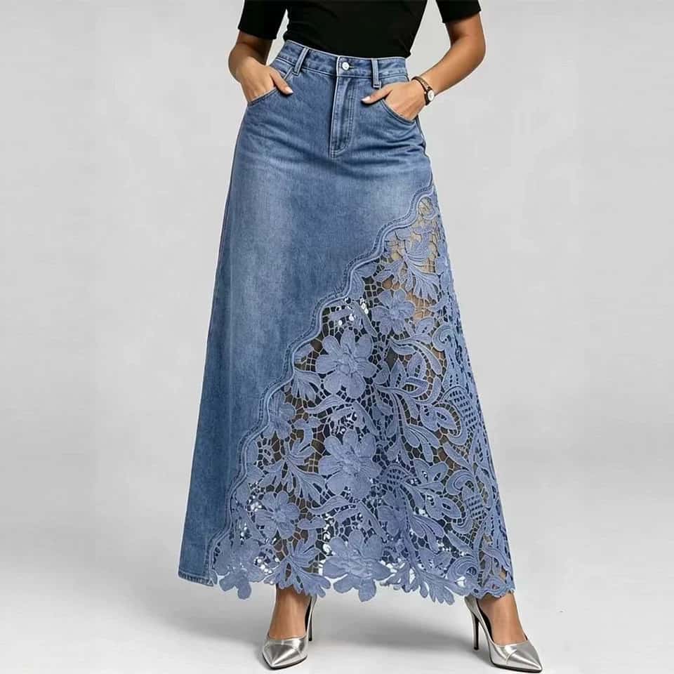 explosive denim skirt with washed denim lace splicing long design hip and half body wrapped