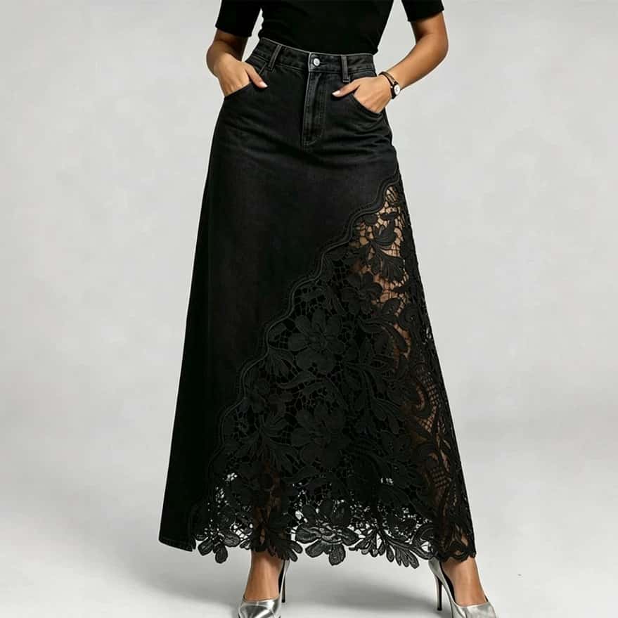 explosive denim skirt with washed denim lace splicing long design hip and half body wrapped