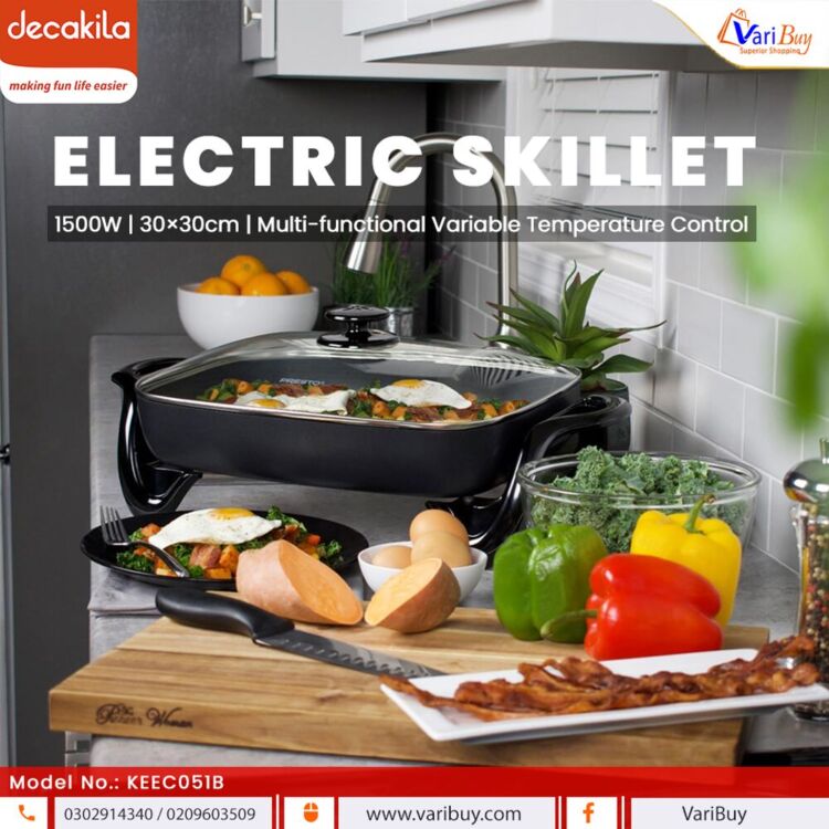 Decakila 1500W 30×30cm Electric Skillet| One Pot for all Cooking Needs, Variable Temperature Control, Non-stick Cooking Surface, Dishwasher Safe, Tempered Glass Lid [KEEC051B]