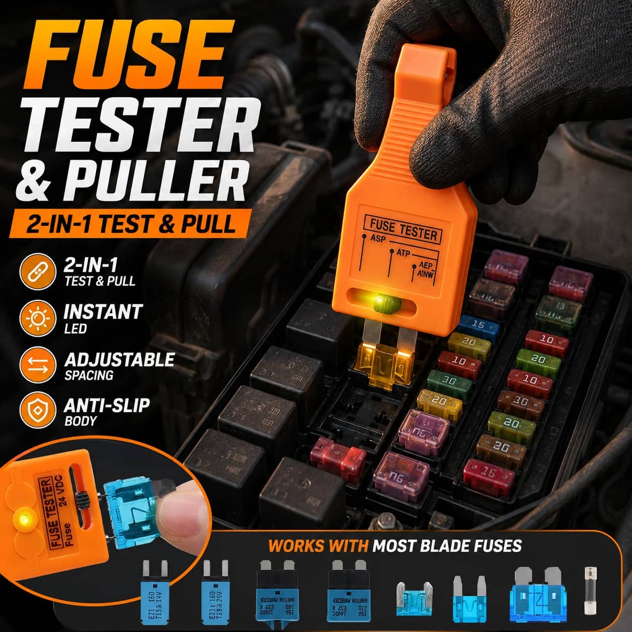 Automotive Fuse Tester Puller Mini Blade Fuse Detector With LED Light Adjustable Test Slot ATO/ATC Fuse Test & Extraction Tool