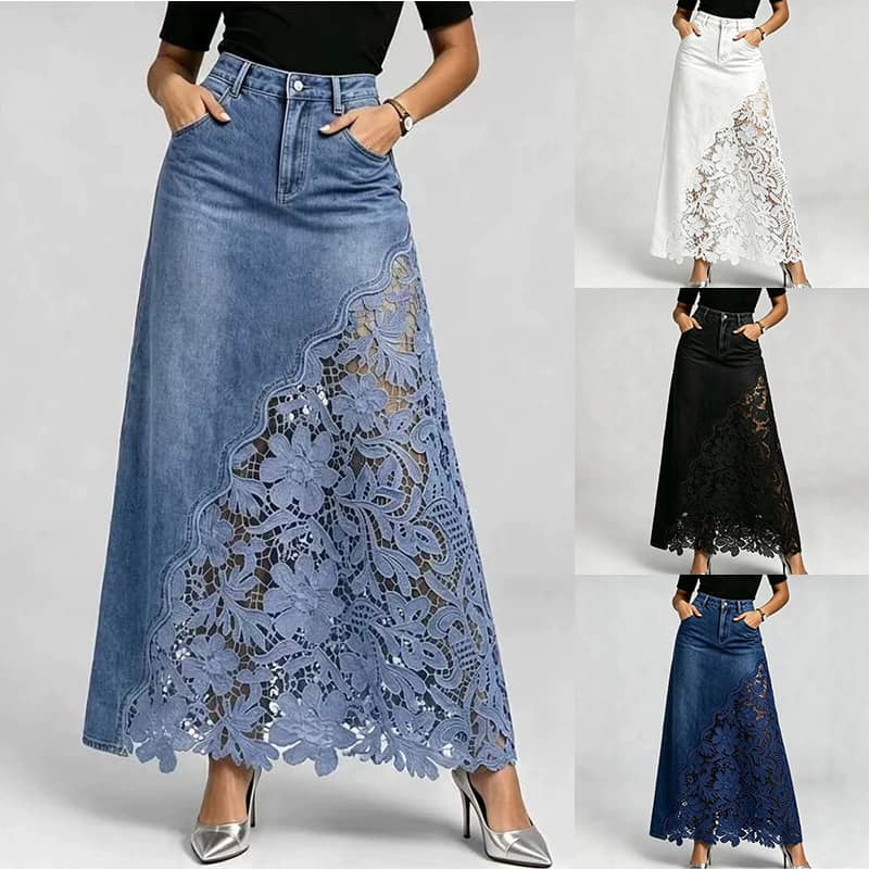 explosive denim skirt with washed denim lace splicing long design hip and half body wrapped