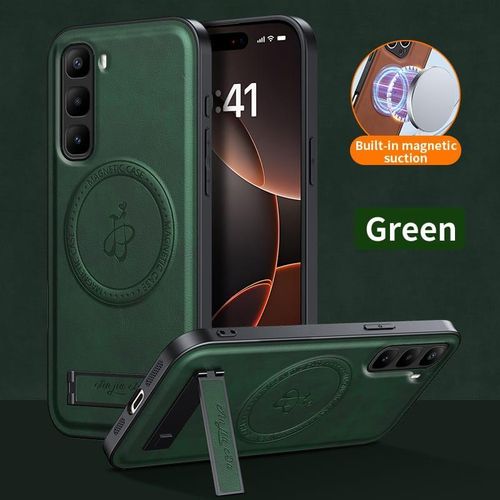 Infinix Hot 60 Pro Plus 4G / 5G MAGSAFE, Wireless Charging luxury leather Case With Kick-Stand - Green