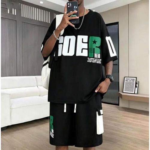 (black) Youth Summer Casual Sports Set, T-shirt + Shorts - 2-Piece